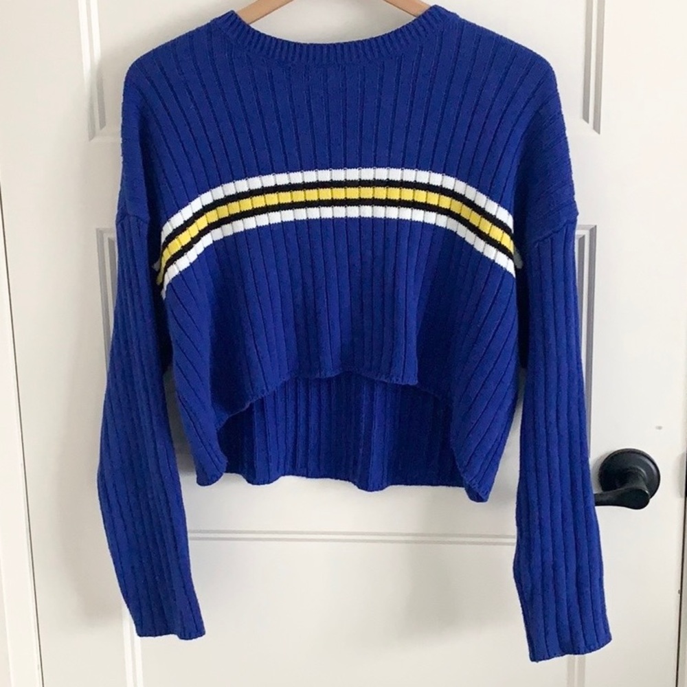 cropped long sleeve blue stripped shirt